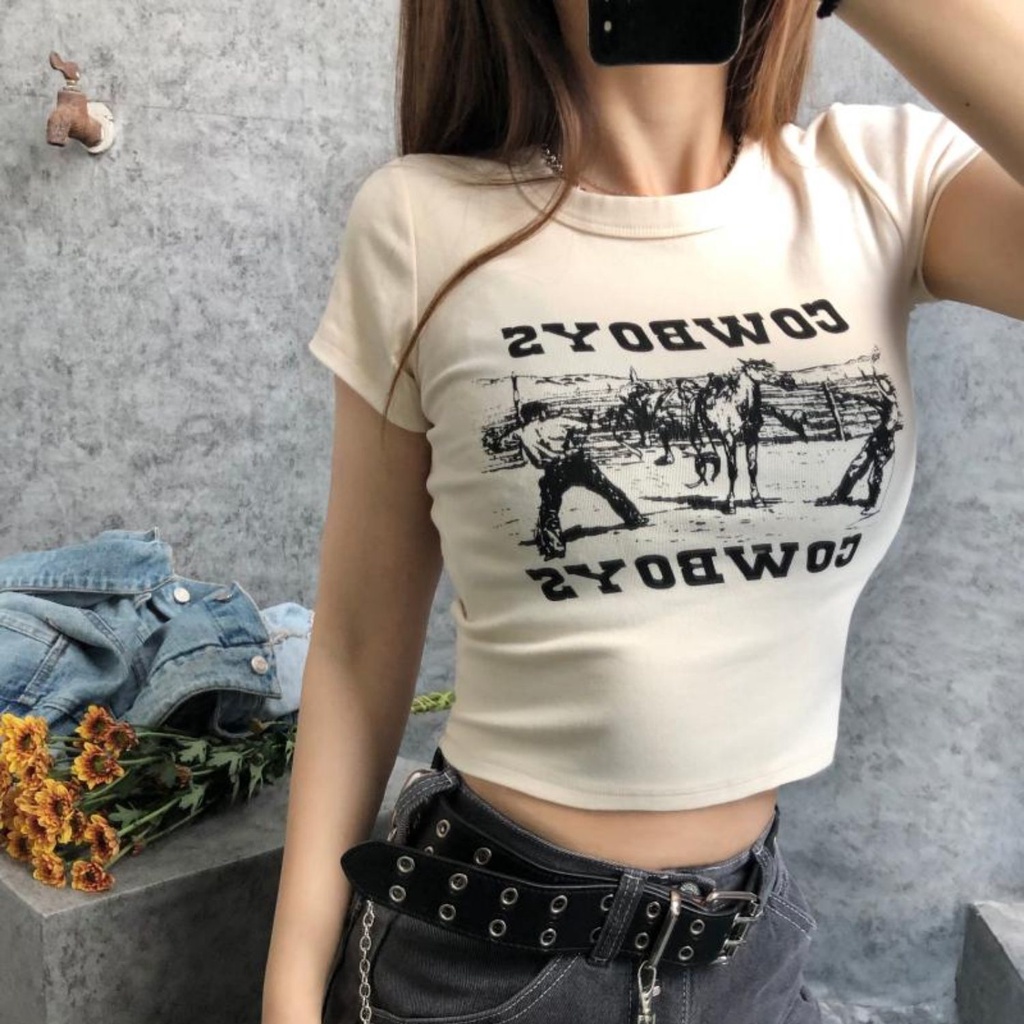 kaos wanita gaya korea 95% katun blus lengan pendek kaos pendek pinggang tinggi seksi pinggang terbu