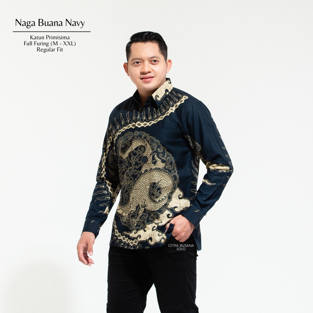 NAGA BUANA NAVY Kemeja Batik Pria Full Furing Bahan Katun Primisima