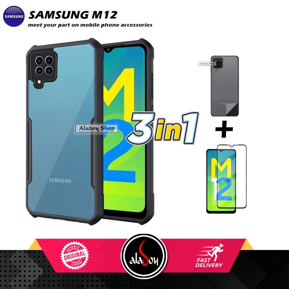 Case SAMSUNG M12 Armor Fushion Transparent Casing + Tempered Glass Full Layar dan Skin Carbon