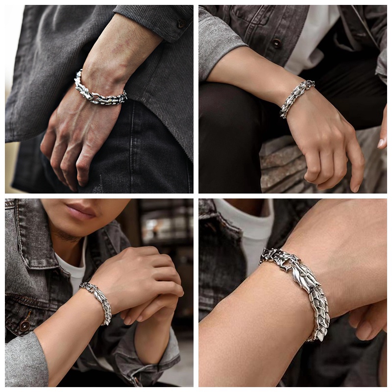 Perhiasan Gelang Pria Bahan Titanium Steel Warna Silver Motif Naga Gaya Punk Retro Untuk Hadiah Pesta