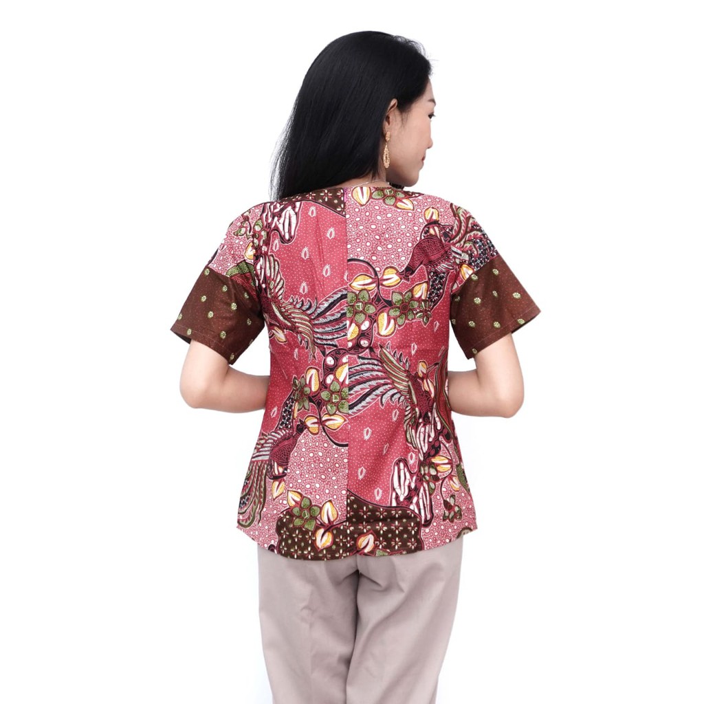 Batik Wanita Lengan Pendek Blouse Atasan Warna Pink Model Modern Trendy 2021- Motif kombinasi