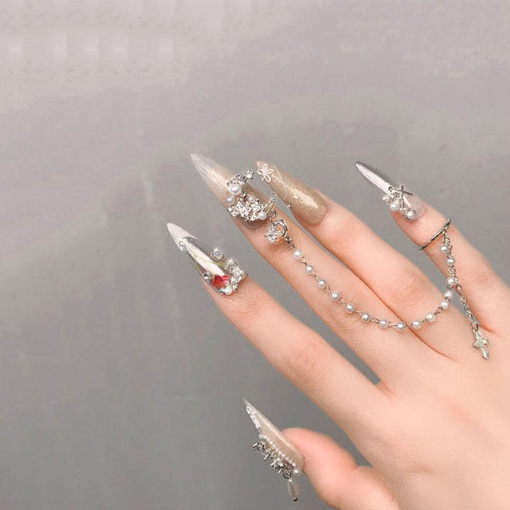 AUGUSTINA Agustin 3D Nail Art Rhinestones Fashion Rantai Manikur Aksesoris Mutiara Paduan Liontin