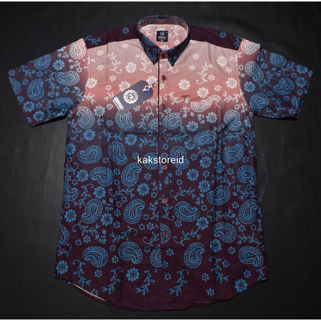 Kemeja Pria Casual SCOTCH & CO Lengan Pendek Marun Motif Modern Fit SCM 16