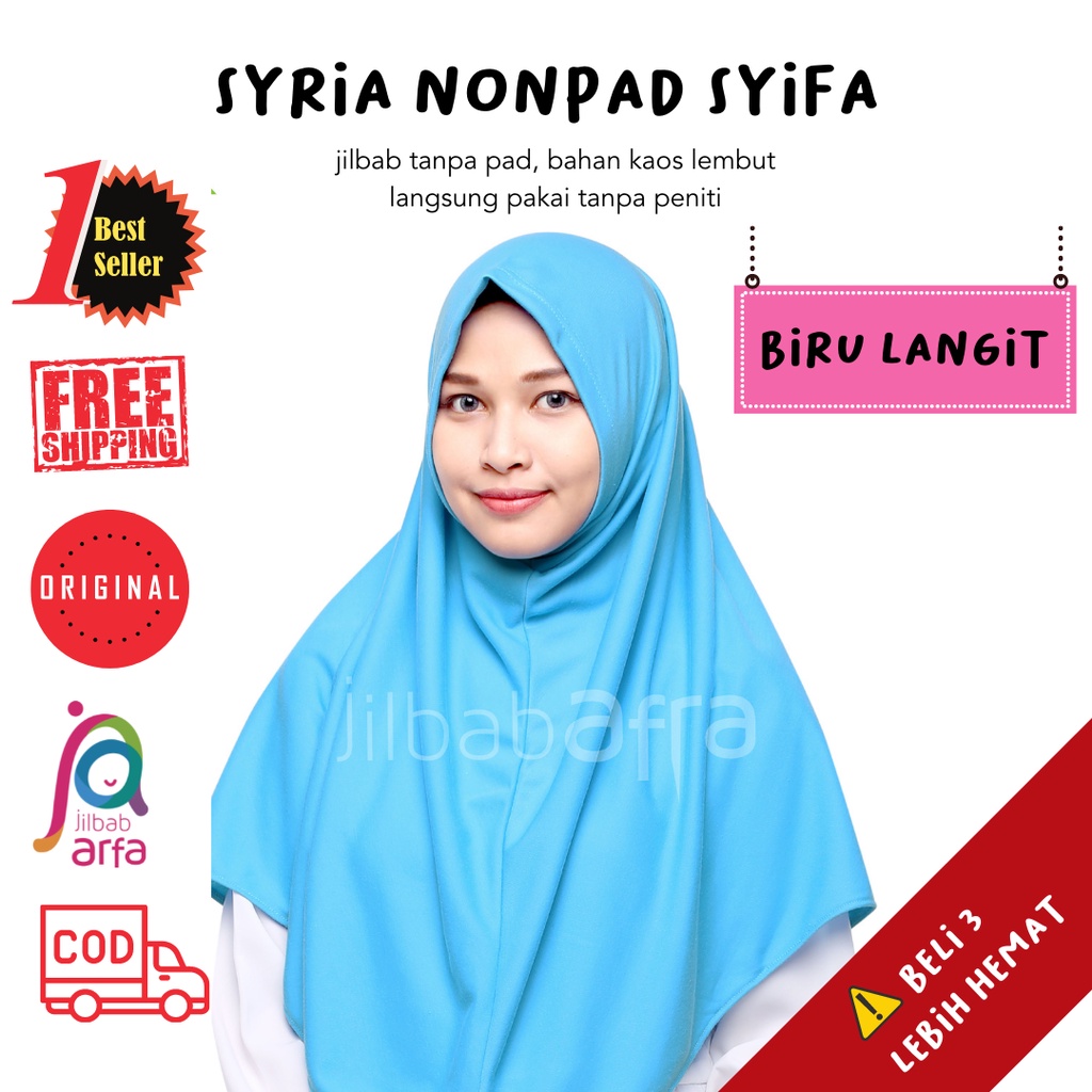 Bergo Syifa - Jilbab Arfa Biru Langit - Syria Non Pet Bahan Kaos Adem Simple Elegant
