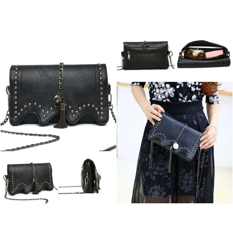 tas selempang kecil hitam rasi bintang dengan tali rantai kulit tebal