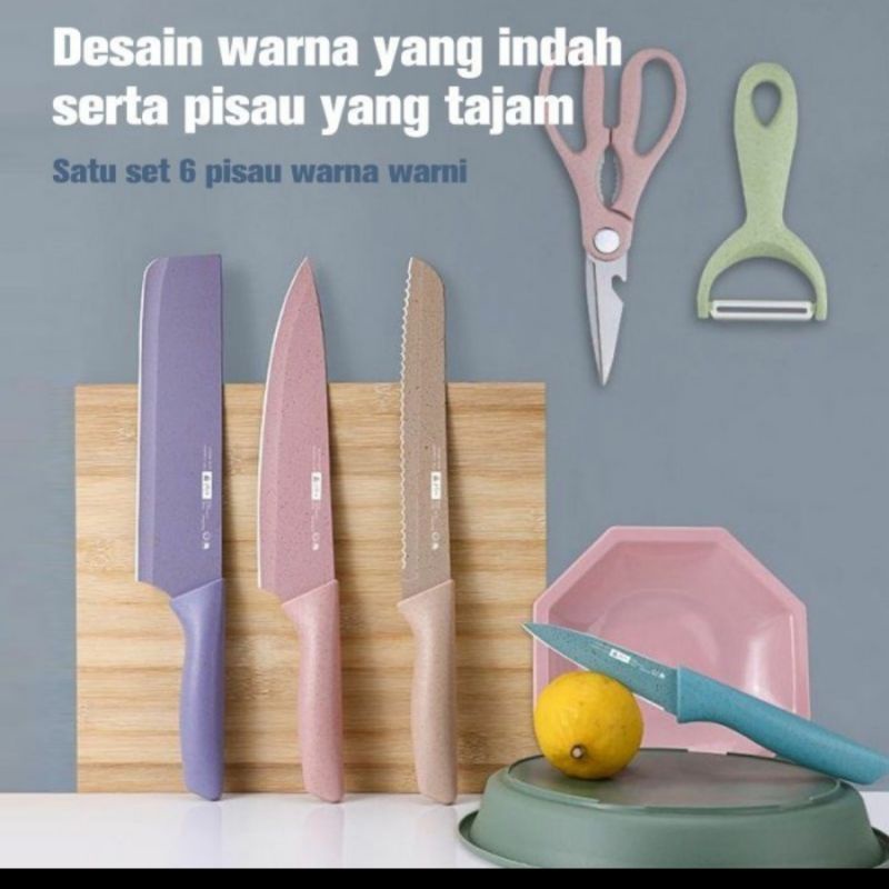 Knife Kitchen Set 6 in 1 Anti Lengket Set Pisau Dapur Jerami Gandum Colorfull