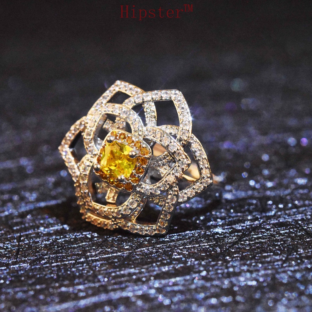 New Fashion Elegant Yellow Diamond Hollow-out Large Flower-Shaped Necklace Micro-Inlaid Flower Ring Set