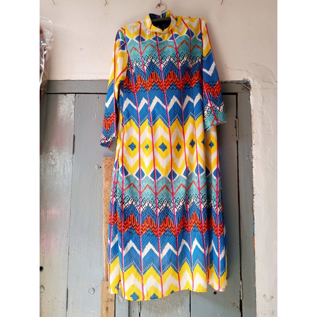 Gamis Garis Zig-zag Biru-Kuning Remaja/Dewasa