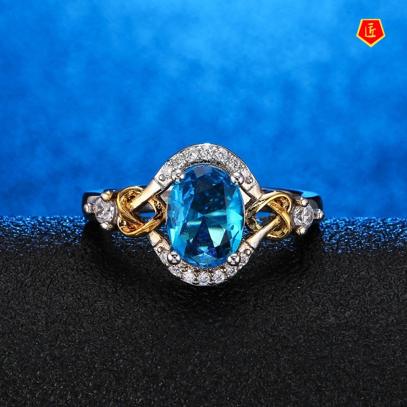 [Ready Stock]Fashion Two-Tone Blue Gem Ring for Women