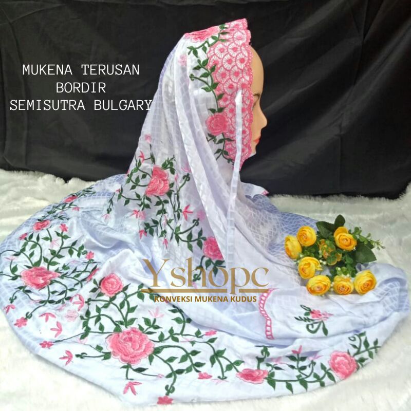 MUKENA SEMI SUTRA BORDIR TERUSAN DEWASA TEKSTUR KAIN KOTAK