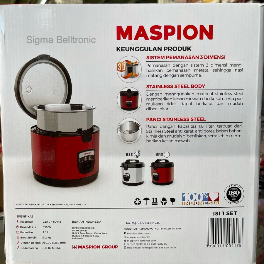 MASPION Magic Cooker 1.8 L Stainless Steel Body Penanak MRJ - 1856 ( WARNA RANDOM )