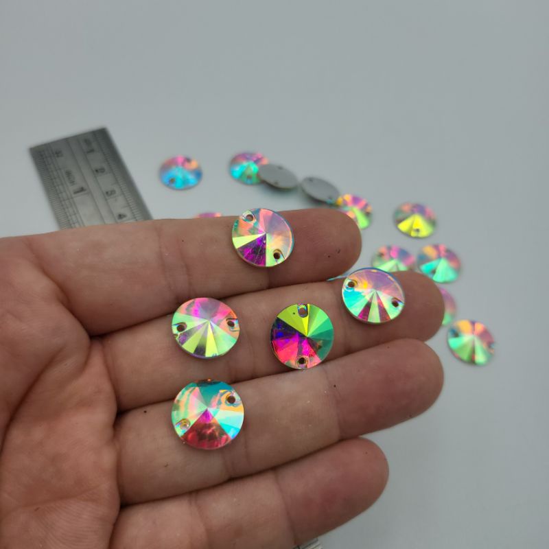 DIAMON RESIN KRISTAL MOTIF BULAT LANCIP UKURAN 14 MM WARNA PUTIH PELANGI AB KUALITAS BAGUS DAN KILAU PER LUSIN