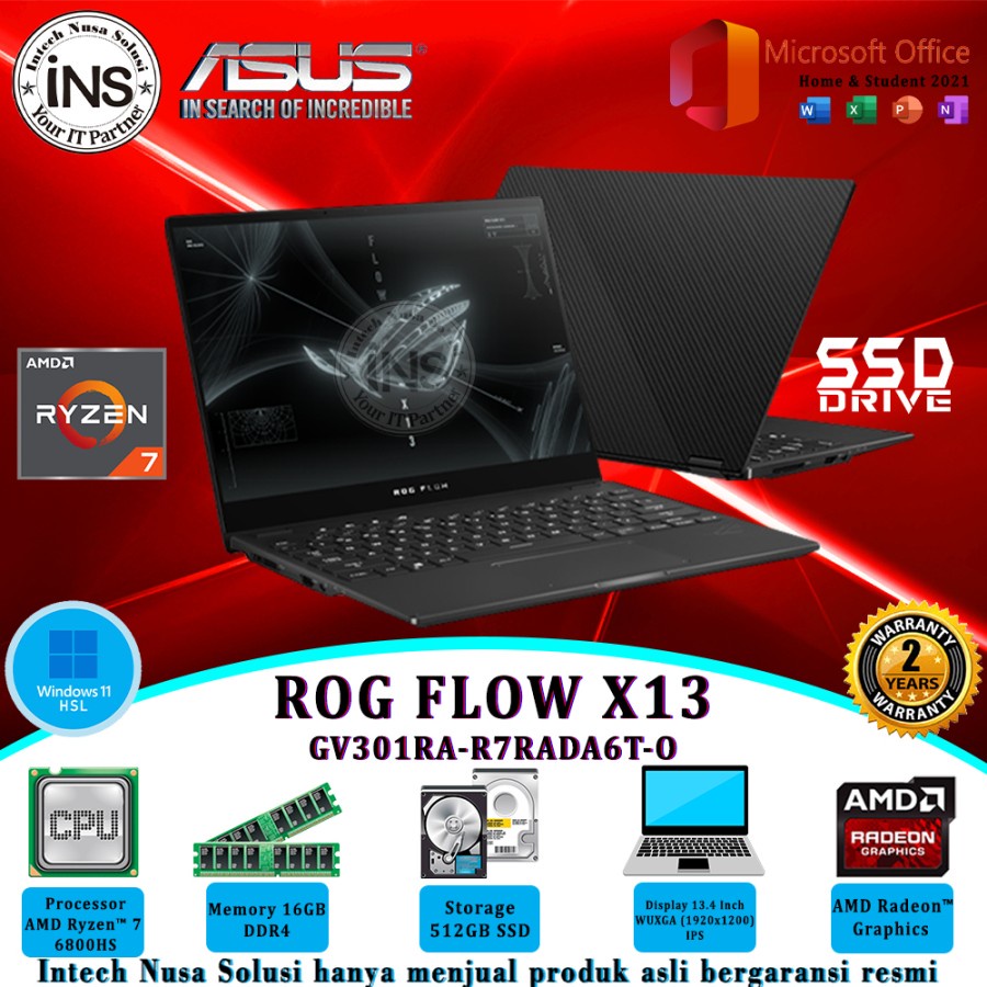 ASUS ROG Flow X13 GV301RA Ryzen 7 6800HS 16GB 512GB SSD WIN11HSL OHS 21 2YR