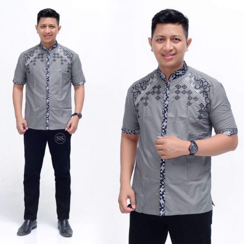 TERBARU Pakain Muslim Pria Koko Batik Pria Kombinasi Bordir Lengan Pendek Perwira Hem Baju Batik Pria Lengan Pendek M L XL XXL