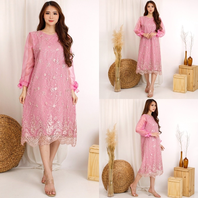 Dress Yuri Organdi Brukat Tulle Glitter Mutiara Tille Premium Brukat Tule Dres Imlek Murah Cantik