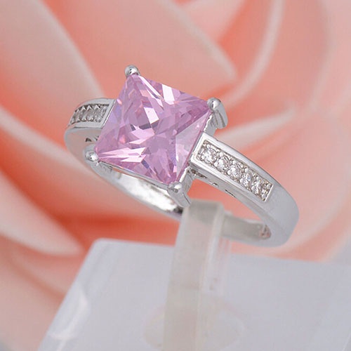 Hu Hu Hu Hu Hu Alat Bantu Pasang Kacamata♡ Cincin Lapis Silver Dengan Cubic Zirconia Kotak Warna Pink Ukuran US 7 8 9 Untuk Wanita