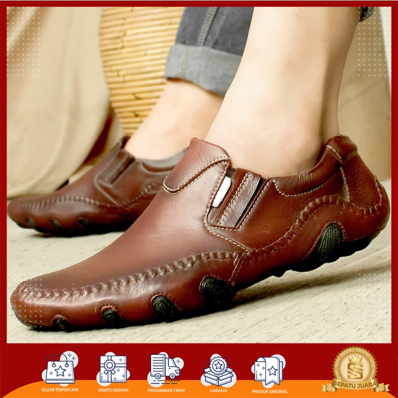 BHIEKA - Pantofel Loafers Slip On Pria Kulit Sapi Pulled Up Premium Ukuran 39 - 43 Warna Cokelat Hit