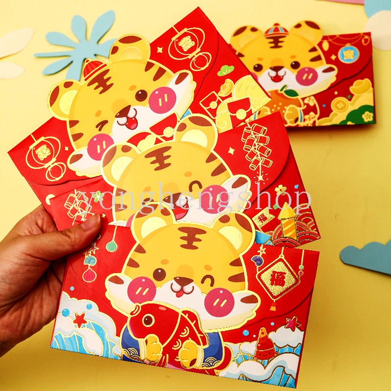 4pcs / set Amplop Angpao Merah Motif Macan Kartun Untuk Tahun Baru Cina / Pernikahan / Ulang Tahun