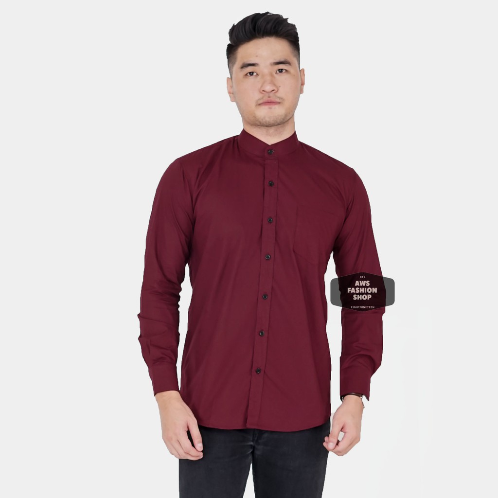 Kemeja Pria Lengan Panjang Polos Merah Maroon Kerah Shanghai Slimfit Casual Kerah Koko