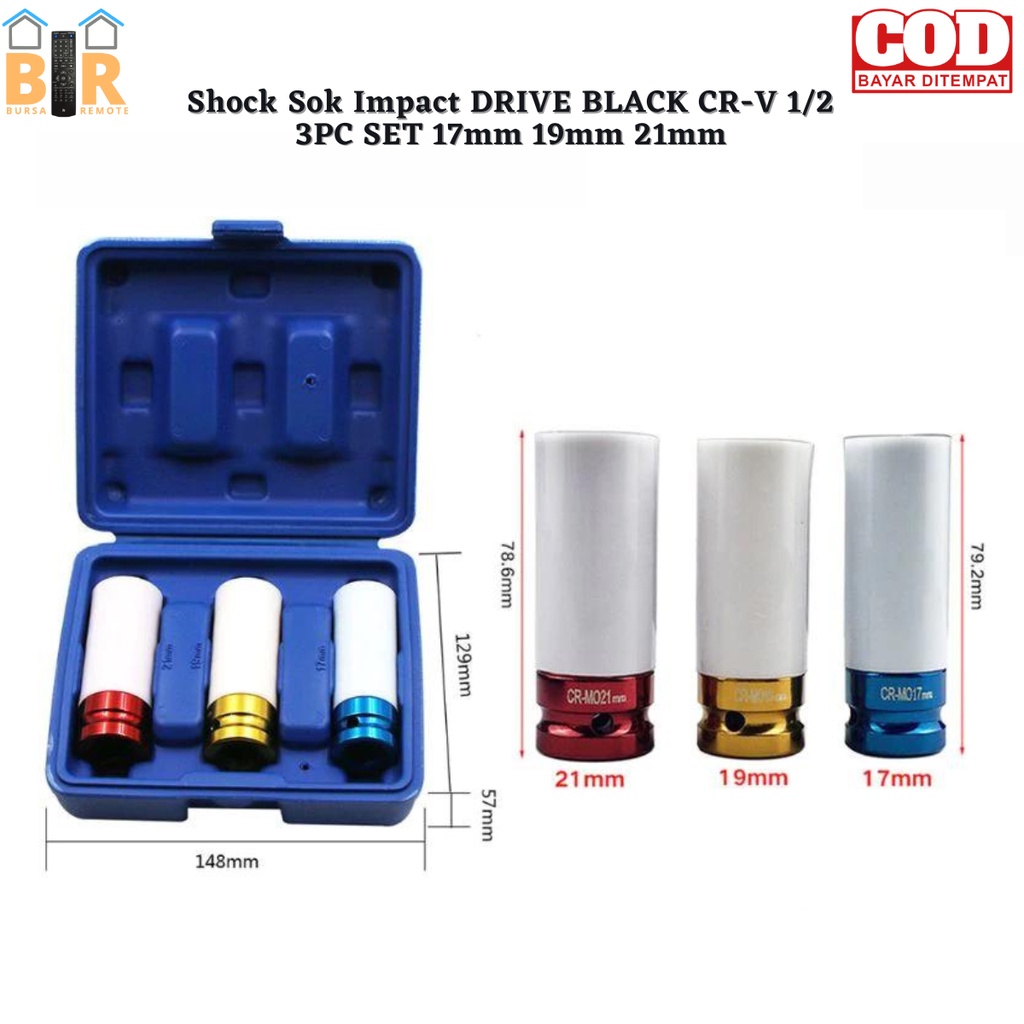 Shock Sok Impact Drive Black CR-V 1/2 3PC SET 17mm 19mm 21mm