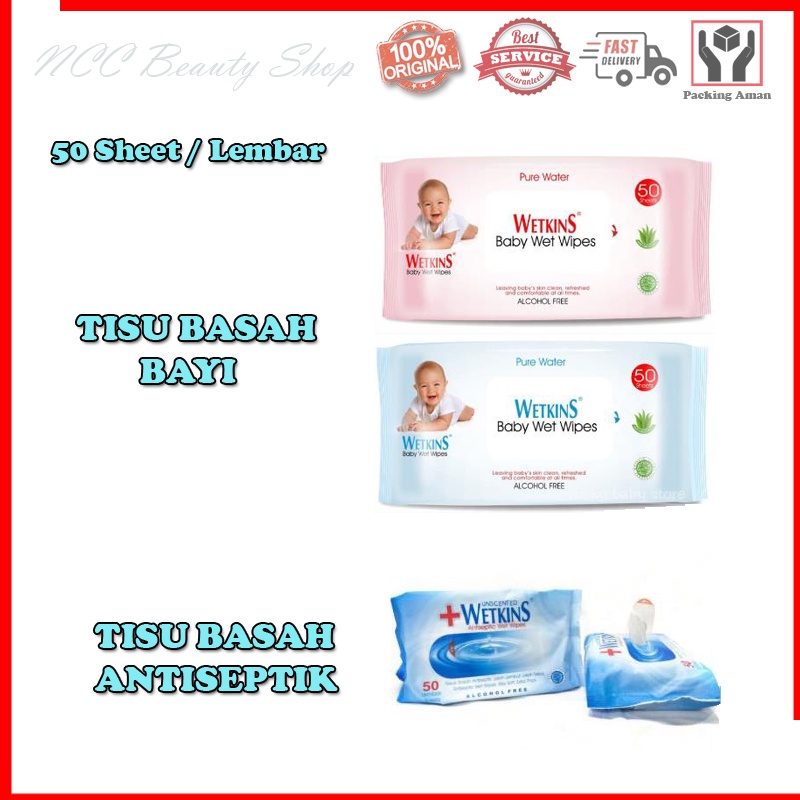 * NCC * Wetkins Tisu Basah Bayi dan Antiseptik Wet Wipes Alkohol Free Tissue Tisue - Isi 50 Lembar / Sheets