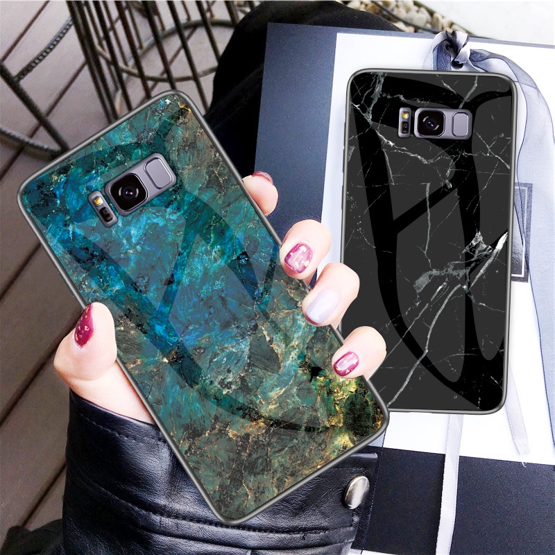 Samsung Galaxy S10 5G S10plus S9 S9plus S8 S8plus Marble Tempered Glass Back Shockproof Phone Case with Soft Silicone Edge