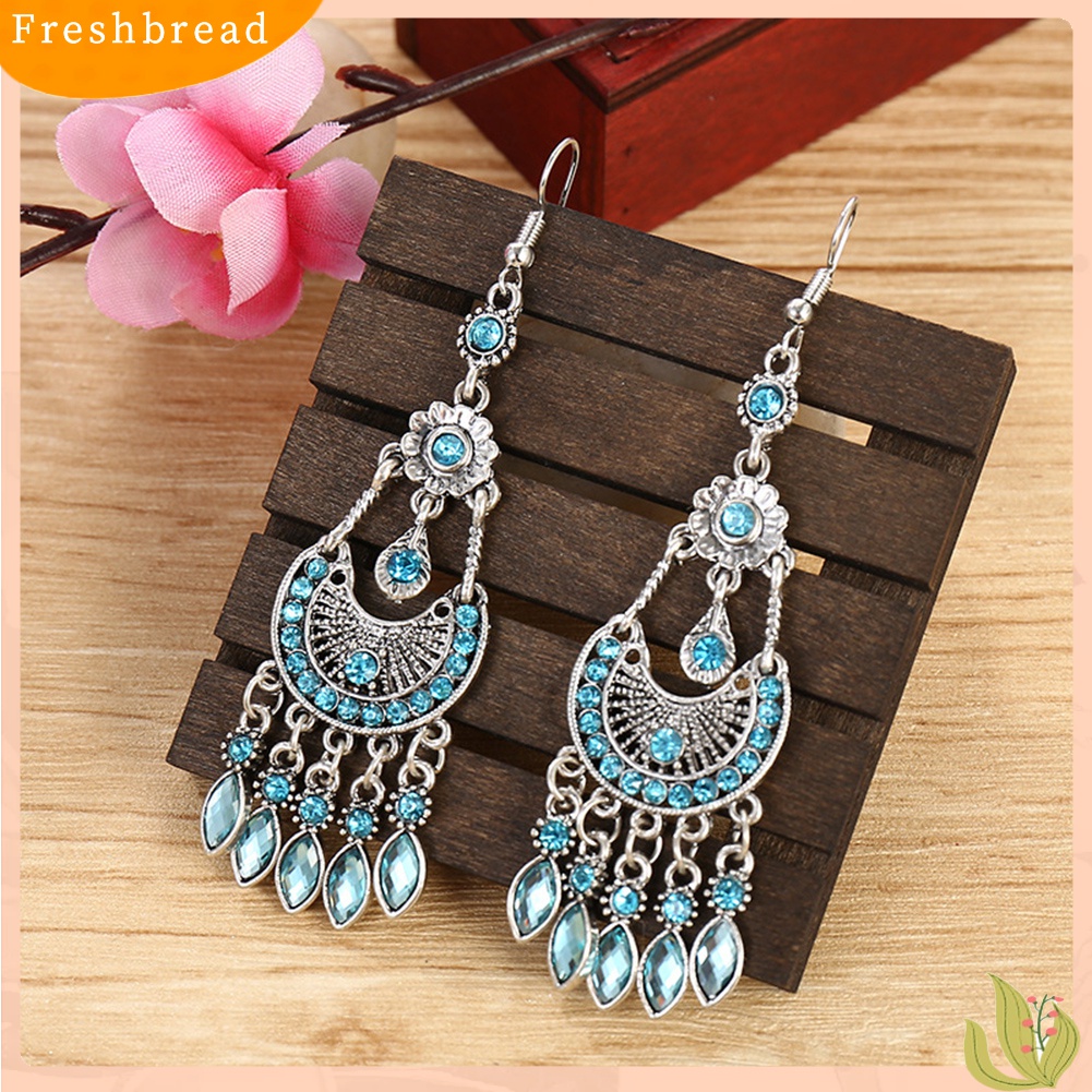 Fresh| Anting Kait Gantung Wanita Desain Bulan Sabitrumbai Panjang Hias Berlian Imitasi Gaya Bohemian Untuk Hadiah