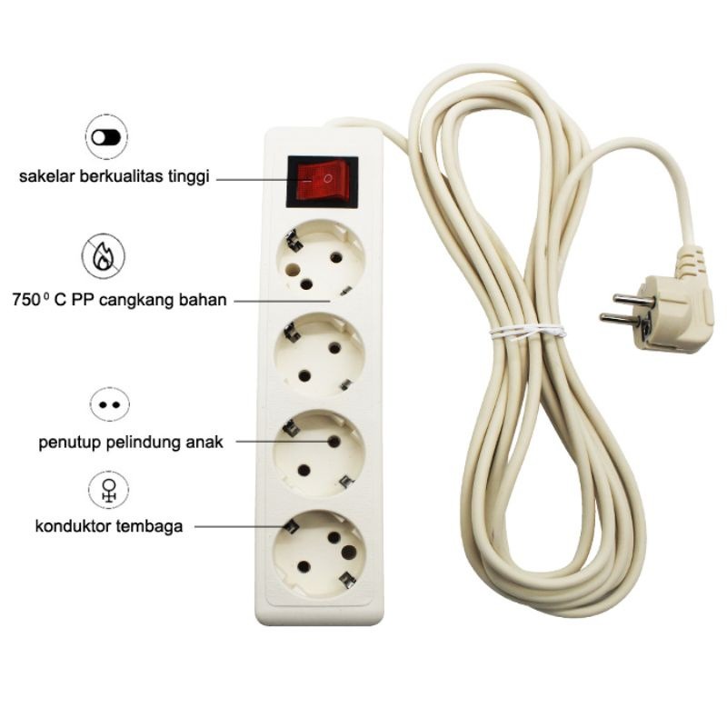 HK-Stop Kontak Kabel 2/3/4/5 Lubang 5 Meter Stop Kontak Listrik