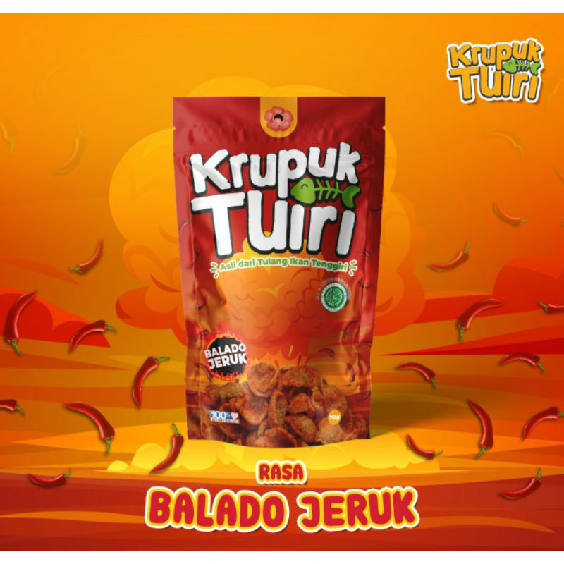 

Kerupuk Tuiri (Tulang Ikan Tenggiri)/Kerupuk Kalsium Varian Rasa Balado Jeruk isi 70gr