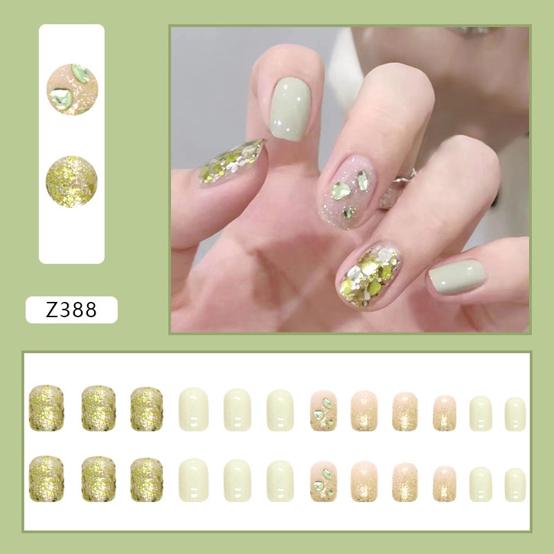 Z351-397 24pcs / Kotak Kuku Palsu Full Cover Hias Berlian Imitasi Untuk Nail Art