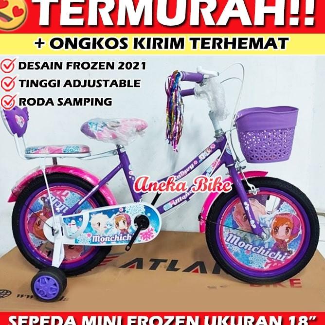 Sepeda Anak Perempuan 18 Inch Mini Frozen Monchichi Roda 4 Keranjang