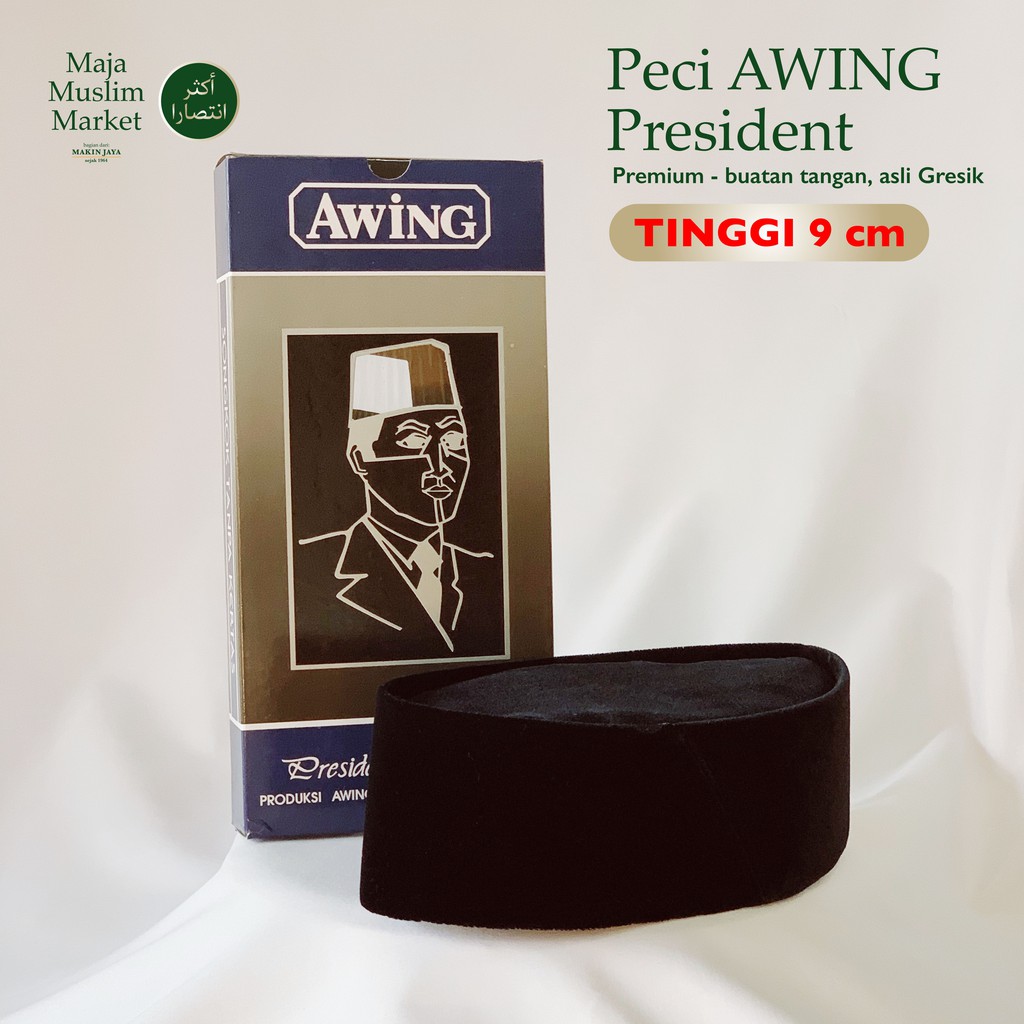 Peci Songkok Kopiah - PRESIDENT AWING Hitam Polos - TINGGI 9 CM - SIZE 3-12 ASLI GRESIK - TERMURAH