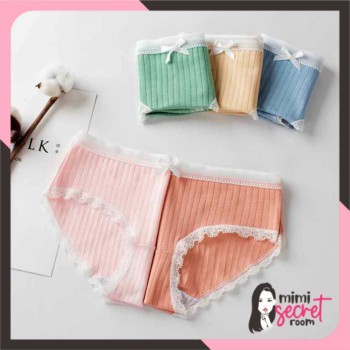 ❤ MIMI ❤ Celana Dalam Katun CD Wanita Cotton Underwear Aksen Renda &amp; Pita IMPORT TERLARIS