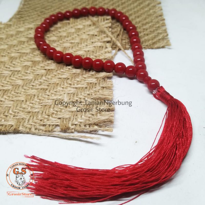 TASBIH BATU MARJAN ATAU RED CORAL 33 BUTIR 8MM ASLI BATU ORIGINAL STONE.