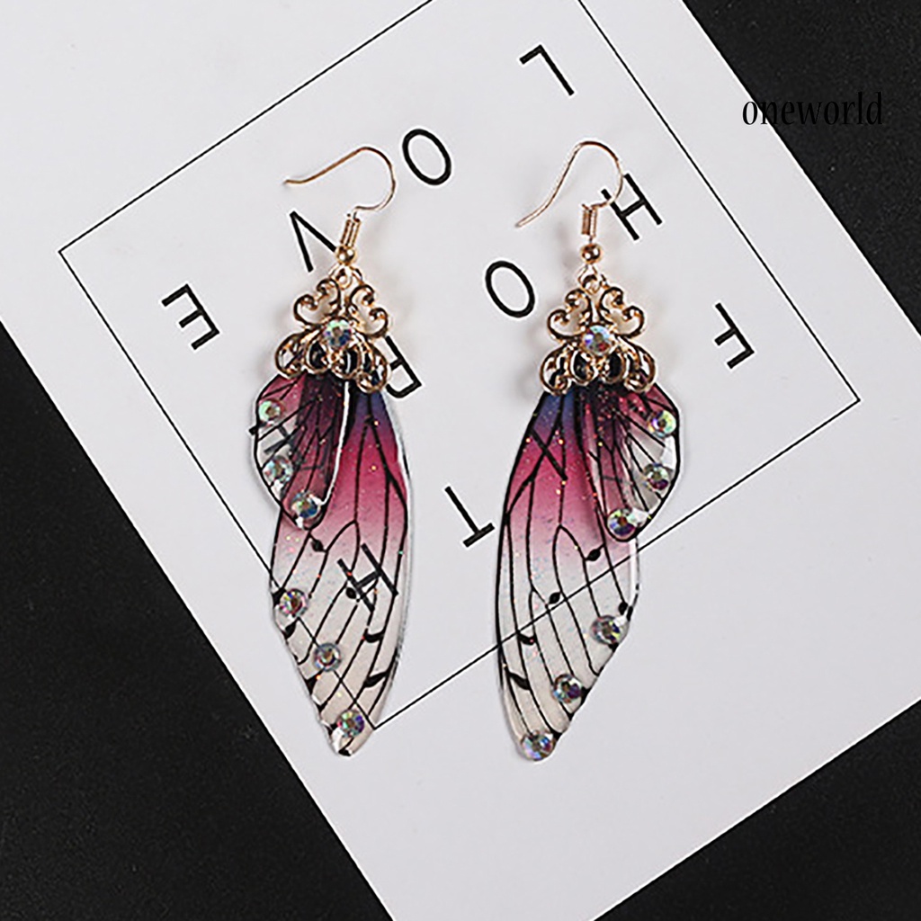 OW# Colorful Butterflies Wing Shape Drop Earrings Women Simulation Rhinestone Dangle Hook Earrings Jewelry Accessory