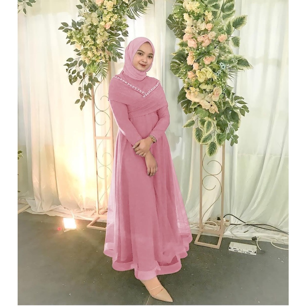 ELDE 12 - DRESS MAXI PRICILLA SIZE M L XL bahan moscrepe aplikasi mutiara tembak mewah dibawah mostcrepe lapis organza full keliling sleting dan karet blkg-5