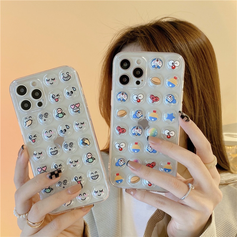 Fashion Cartoon cute Doraemon extrusion bubble Anti-fall phone case iPhone 11 12 Pro Max X XS XR 7 8 Plus SE 2020 transparent Shockproof Case