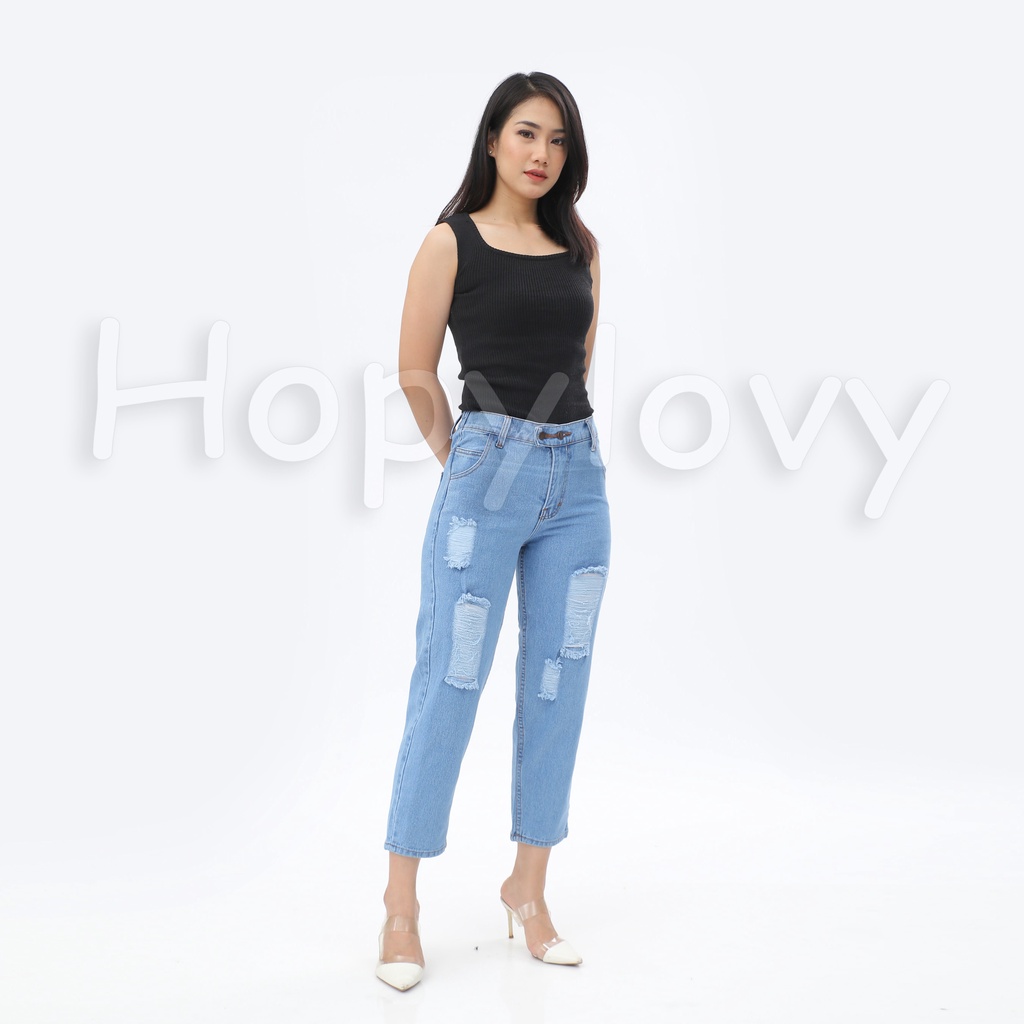 HOPYLOVY Celana Panjang Jeans Boyfriend Wanita Sobek Double Button BF Velania