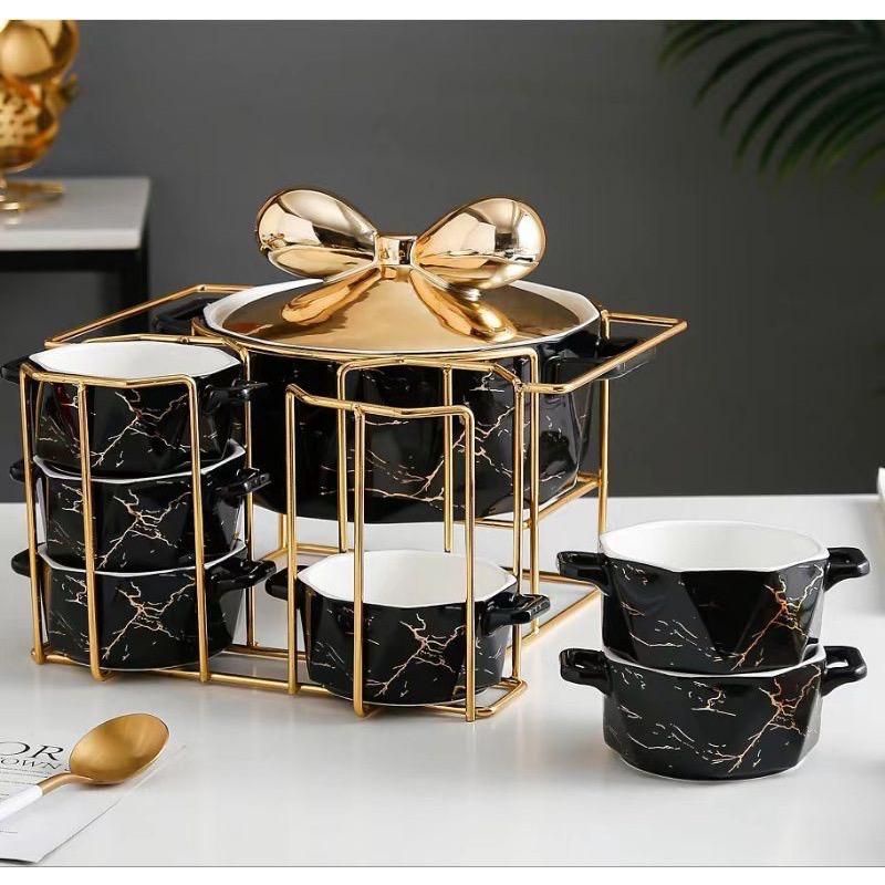 Mangkuk Tempat Sup Es Buah Keramik Soup Bowl Set Pita Putih Hitam Pink Hijau Marble Gold