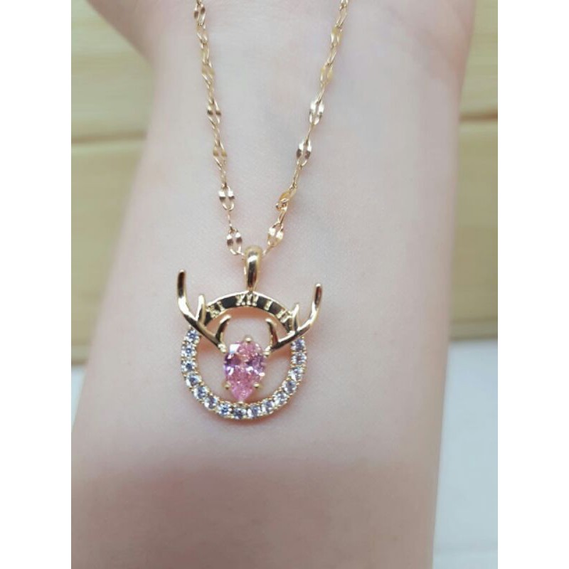 Kalung asli titanium liontin microdiamond pink / kalung titanium liontin batu pink