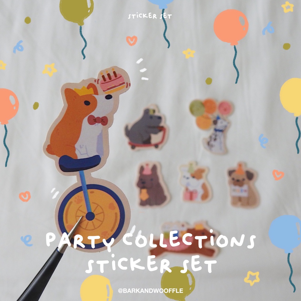 

BARK AND WOOFFLE Party Sticker Pack / Stiker Die Cut Ilustrasi