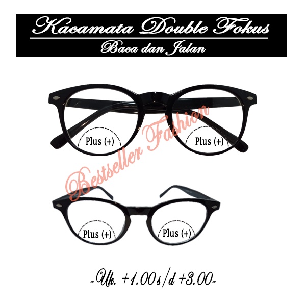 Kacamata Baca dan Jalan Lensa Atas Normal Bawah Plus Warna HITAM Frame Oval Plus 1.00 s/d Plus 3.00 Pria Wanita Rabun Dekat Include Box