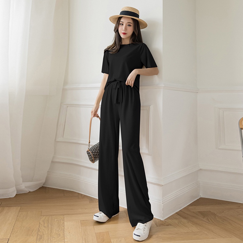 Piyama Baju Tidur Import Sleepwear Lengan Pendek Celana Panjang Polos Stelan Rumah Oversize Ice Silk-4