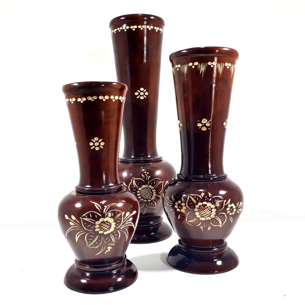 Guci Vas Bunga Satu Set Kerajinan Kayu Jati Ukir Cukit Halus