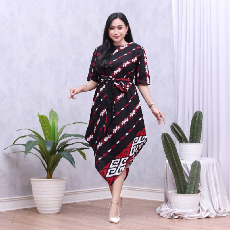 MINI MIDI DRESS BATIK LANCIP WARNA MERAH mix hitam motif songket etnik dress NATALAN MURAH DRESS CAS