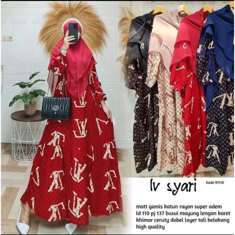 Gamis Set Hijab syar’i Lv Syari Rayon Viscose Premium Zhea Collection