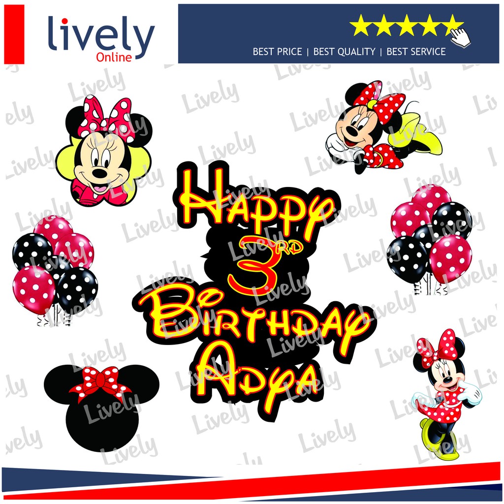 CUSTOM NAMA CAKE TOPPER KARAKTER HIASAN KUE HBD HAPPY BIRTHDAY MINNIE MOUSE 02 set