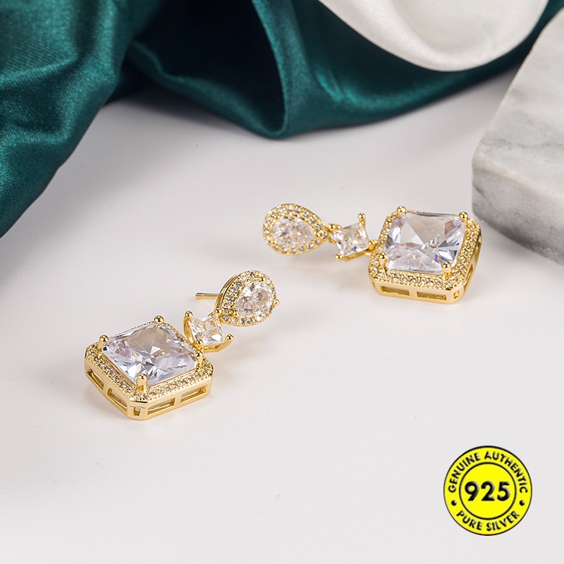 Anting Bahan Sterling Silver 18K Gold Bentuk Persegi Aksen Zircon