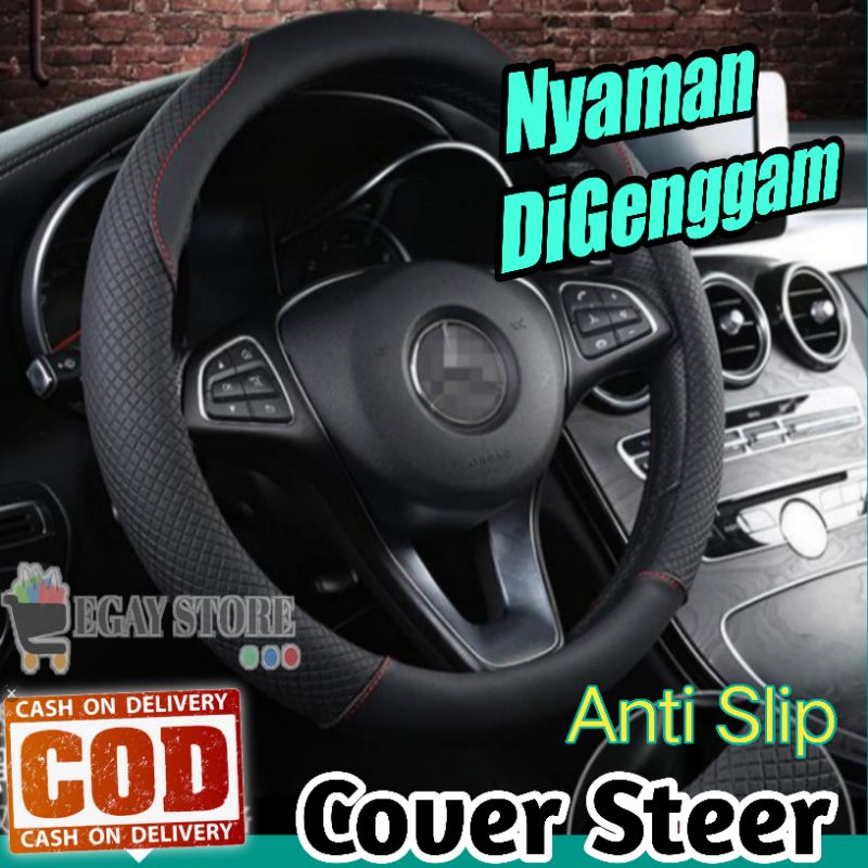 Cover Steer Sarung Setir Variasi Pelindung Stir Mobil Bahan Kulit Hitam Universal 38 Cm Kualitas Bagus Anti Slip Empuk Nyaman Tidak Licin