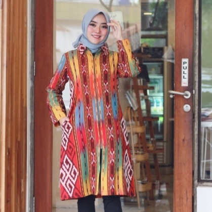 SLIGHT ATASAN TENUN LURIK OUTER PANJANG Long Etnik Top Busui Friendly Merah Orange Hijau Tosca Ungu